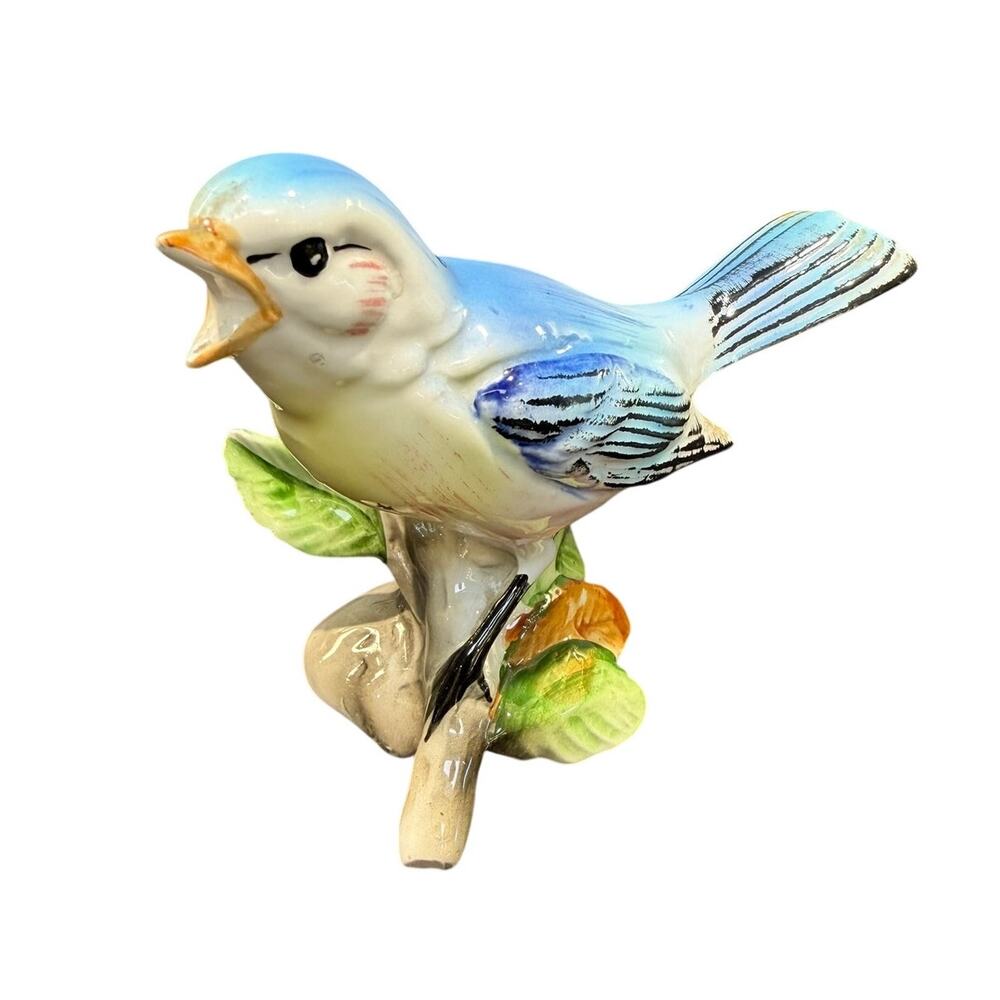 Vintage Japan Blue Bird Figurine Ceramic Songbird Branch 4.25" MCM Hand Painted